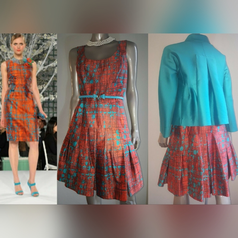 $3990 OSCAR DE LA RENTA TURQUOISE ORANGE RUNWAY SILK DRESS SIZE 10